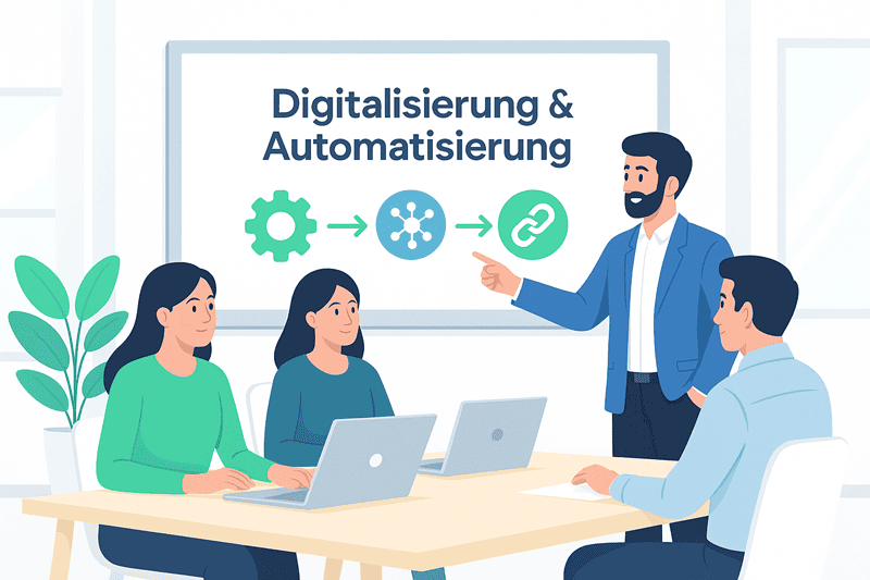 mehrere Leute in Besprechung, Digitalisierungs- und Automatisierungskonzept an einem großen Screen