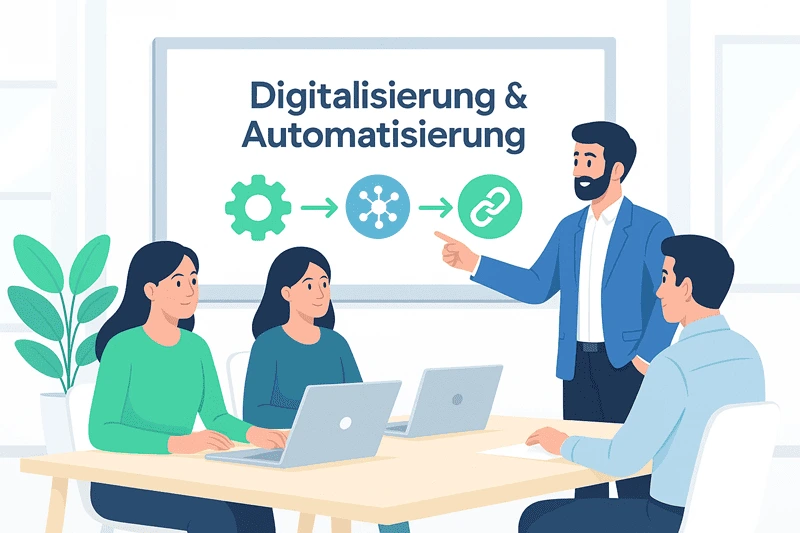 mehrere Leute in Besprechung, Digitalisierungs- und Automatisierungskonzept an einem großen Screen
