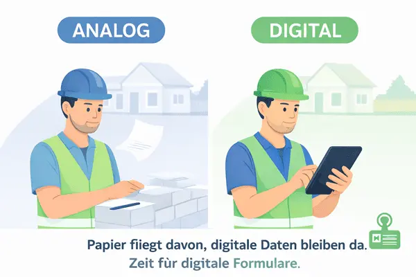 Monteur füllt digitales Montageformular mobil aus